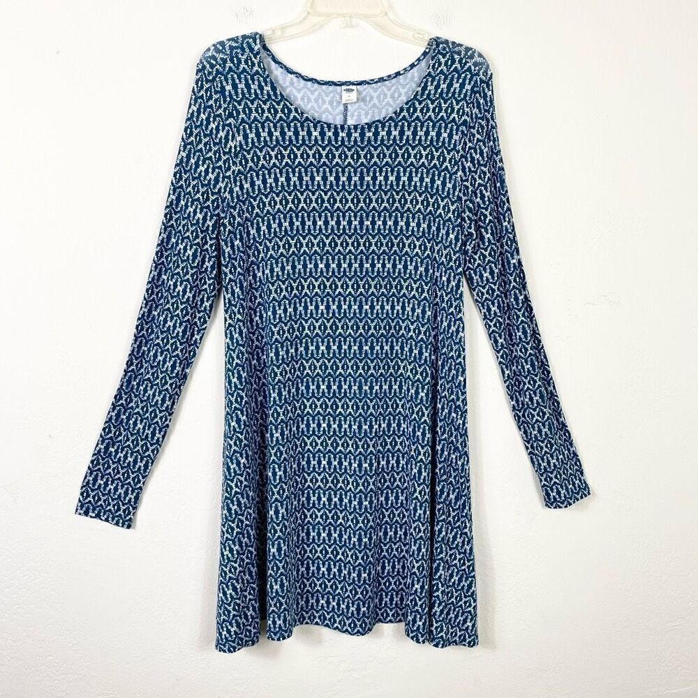 Old Navy Blue & White Patterned Long Sleeve Scoop Neck Dress Size M